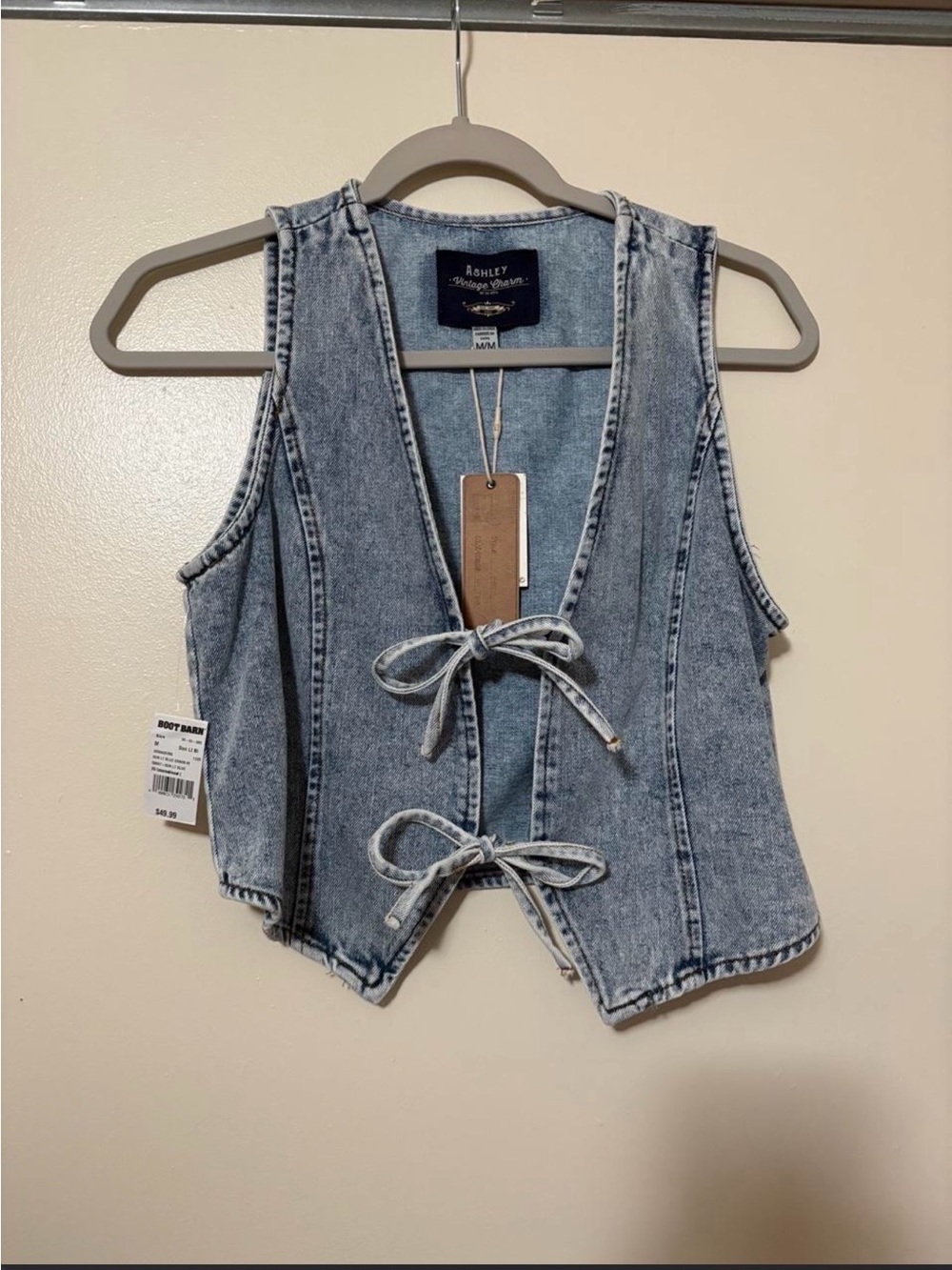 Vintage Washed Denim Tie-Front Crop Vest - Light Wash